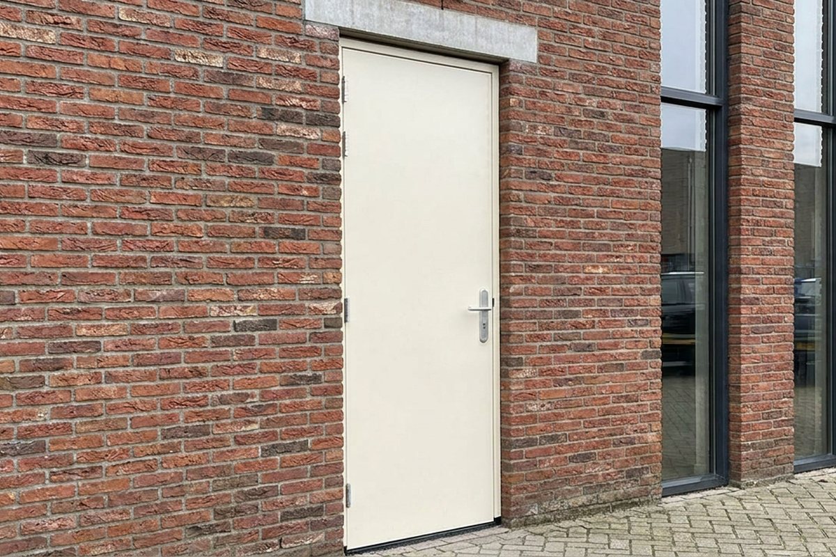 Stalen veiligheidsdeur in een bakstenen gevel