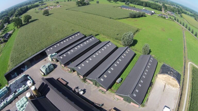 Luchtfoto van stallen met Landini vezelcement golfplaten in Beemte-Broekland