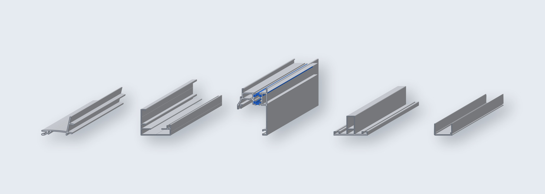 Aluminium profielen voor polycarbonaat: muurprofiel, Clickfix onderprofiel, thermisch onderbroken onderprofiel, T-profiel en U-profiel