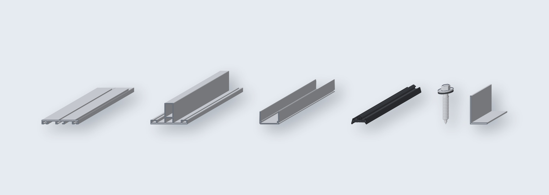 T-systeem voor 32 mm kanaalplaten: multi-verbindingsprofiel, T-profiel, U-profiel 32 mm, multi-verbindingsrubber, houtschroef en eindstuk